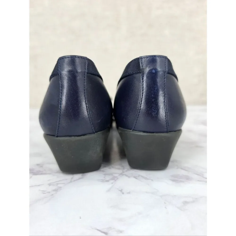 Bally Belle Leather Navy Blue Gold Tone Bow-Accent Women's Low Wedge Ballet Flat - Picture 12 of 14